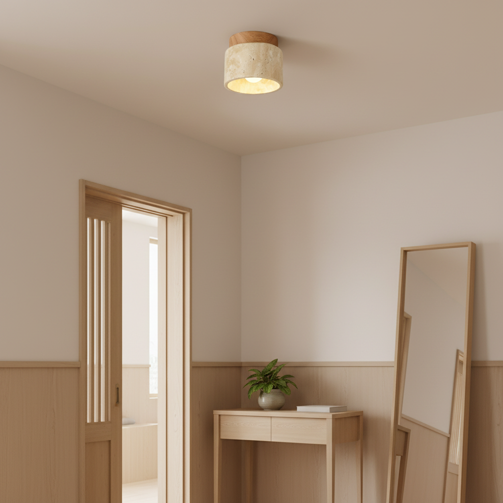 Log Wood finish ceiling light in a Japandi hallway with a console table and mirror