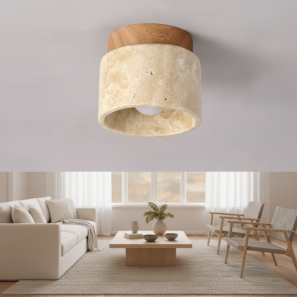 Log Wood finish close-up - travertine-look stone body with a pale oak collar, lit