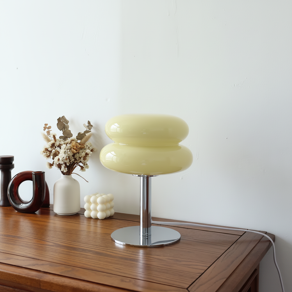 Cream macaron glass table lamp on a wooden cabinet