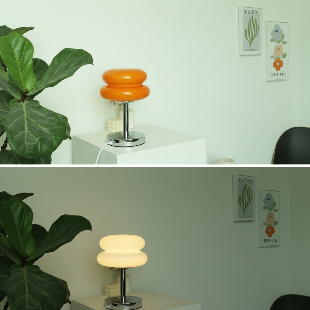 Orange macaron glass table lamp shown switched off and then lit with warm light