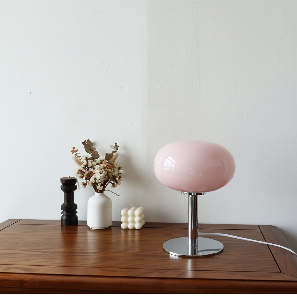 Pale pink dome macaron glass table lamp on a wooden cabinet