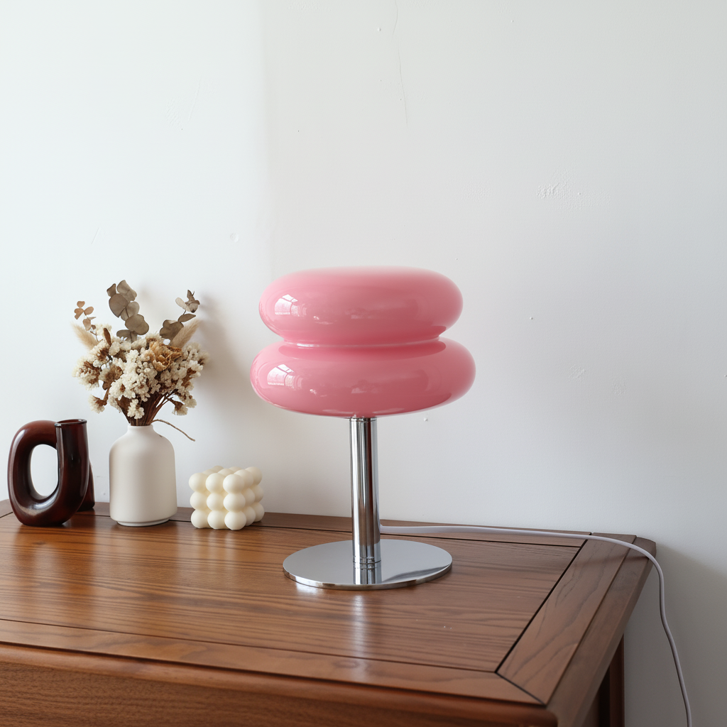 Pink macaron glass table lamp on a wooden cabinet