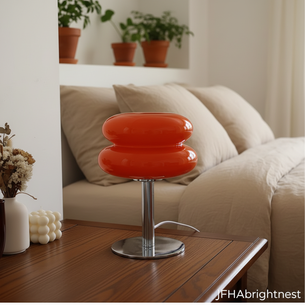 Orange macaron glass table lamp on a bedside table in a bedroom
