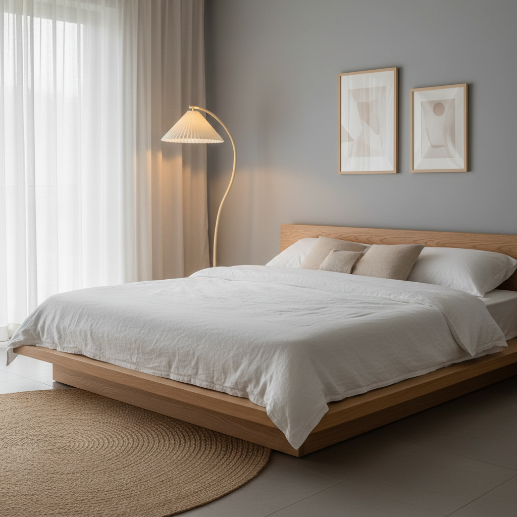 Arc floor lamp with pleated shade next to a low wooden bed in a calm minimalist bedroom