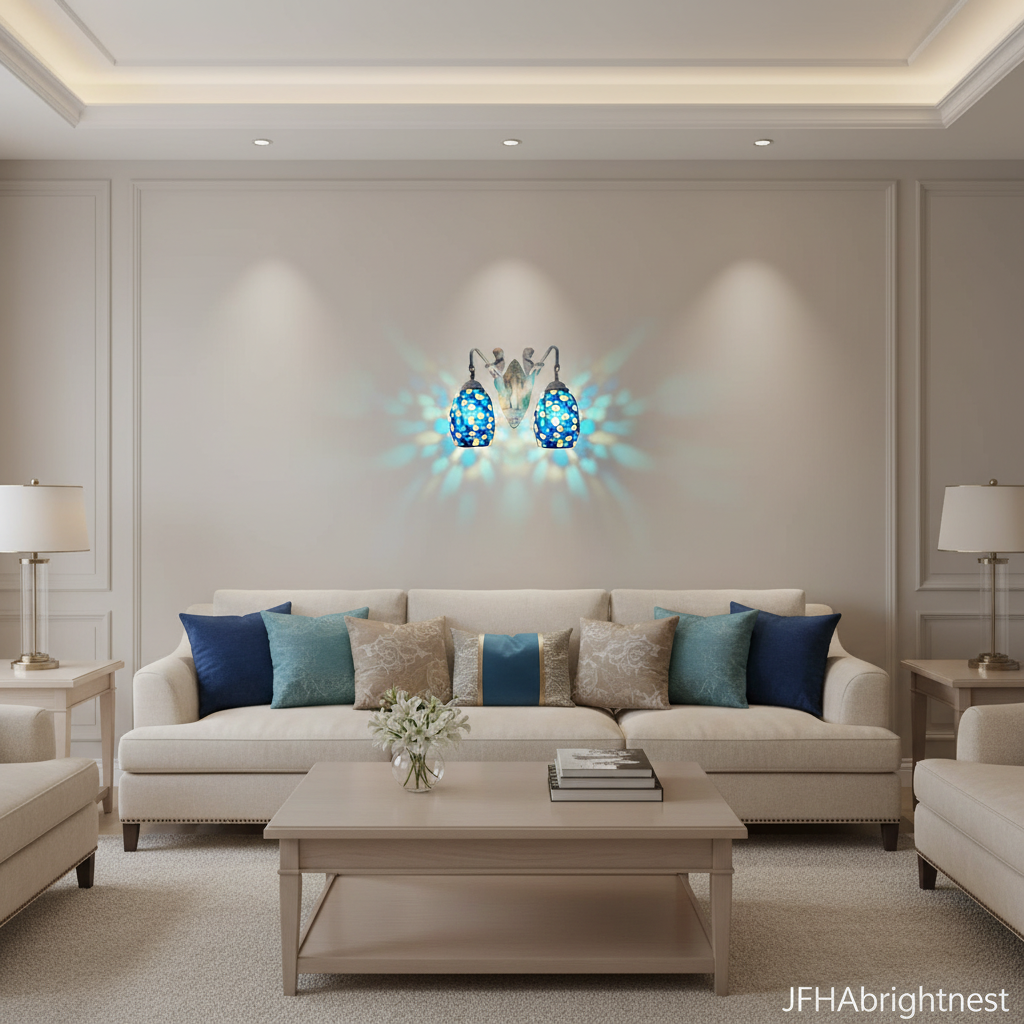 Blue Tiffany stained glass wall sconce on a living room wall