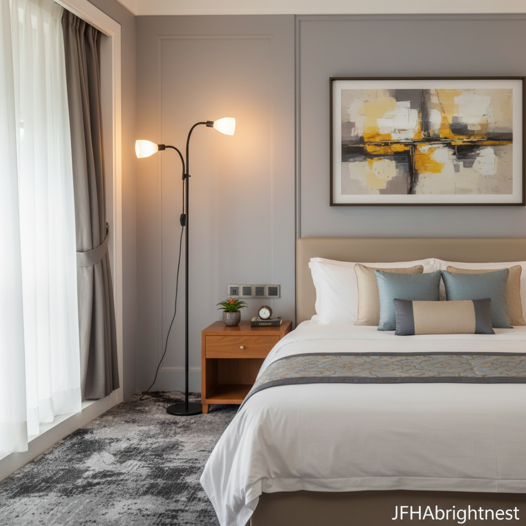 Mira black floor lamp beside a bed in a guest bedroom with both heads switched on