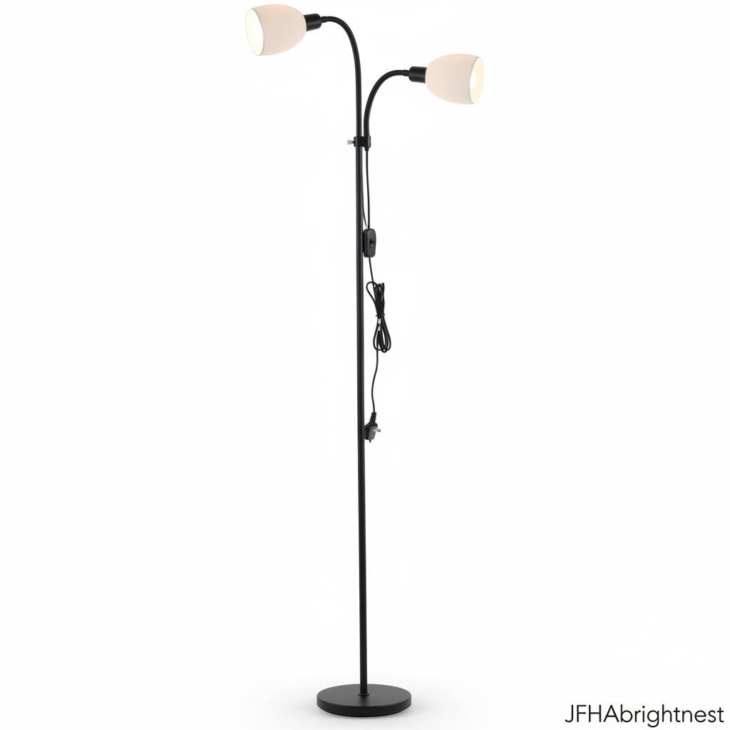 Mira twin-head floor lamp in matte black with two opal shades on a slim pole and round base