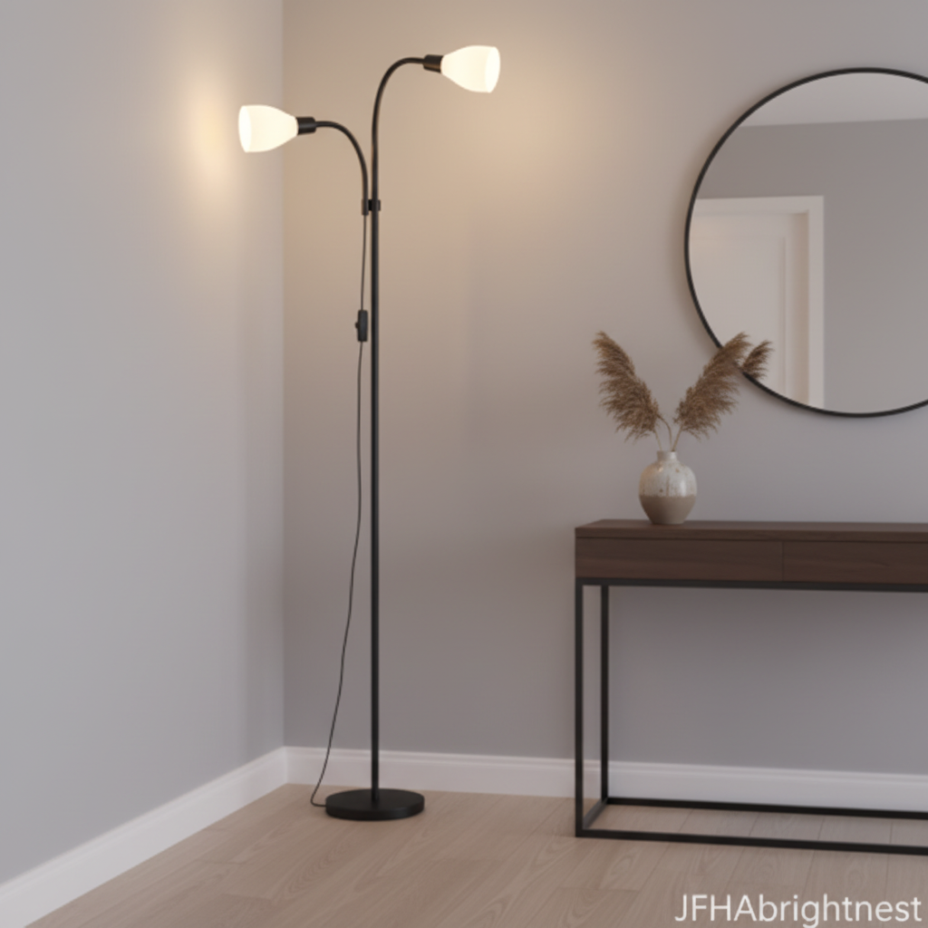Mira twin-head floor lamp lighting a hallway next to a console table and round mirror