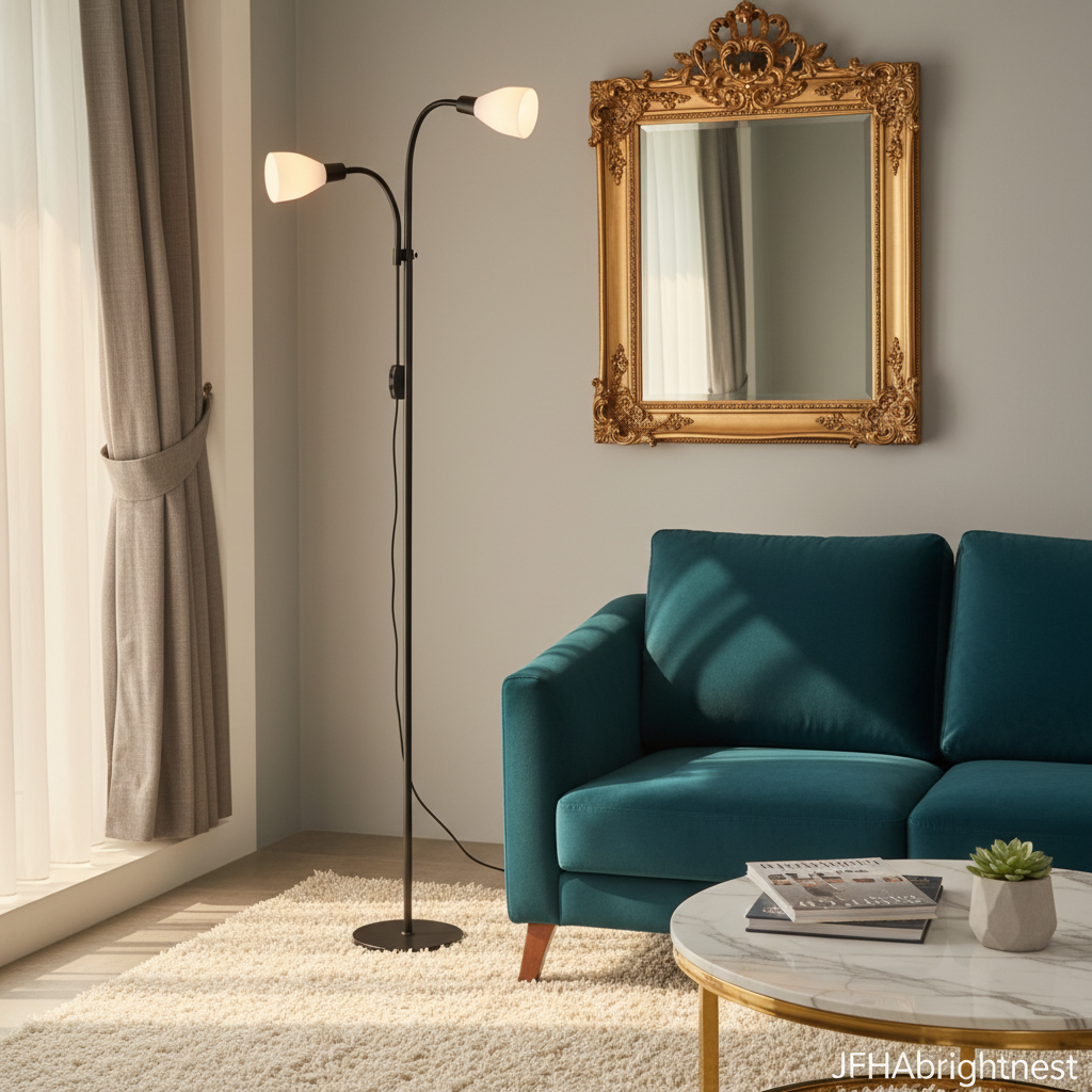 Black Mira floor lamp lit beside a teal sofa in a bright living room