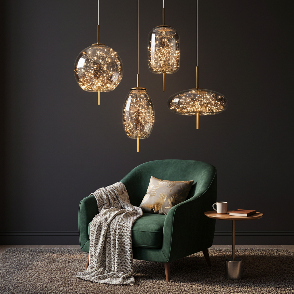Four art glass pendant lights in globe, capsule, oval and disc shapes above a green armchair