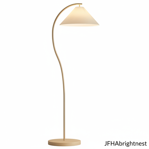 Aria arc floor lamp with curved champagne-gold stem, off-white shade and round base on a white background