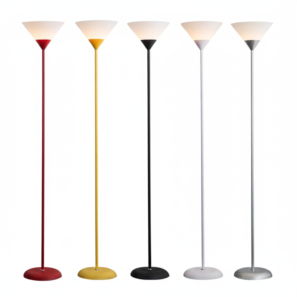 Coppa uplighter floor lamp in all five colours – red, yellow, black, white and silver – with frosted cone shades