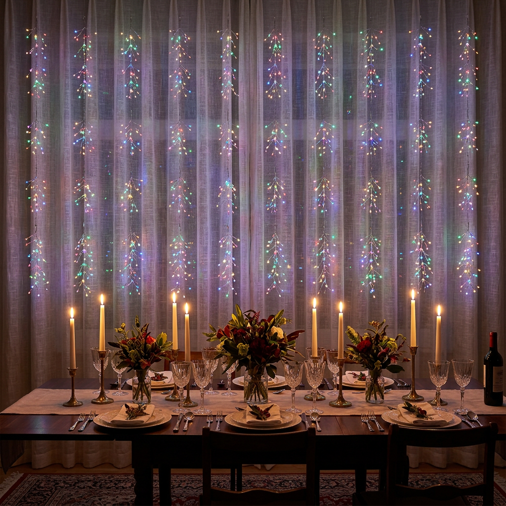 Multicolour LED curtain lights as a celebration dining room backdrop