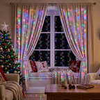 Multicolour LED curtain lights in a Christmas living room