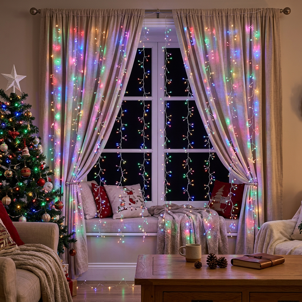 Multicolour LED curtain lights in a Christmas living room