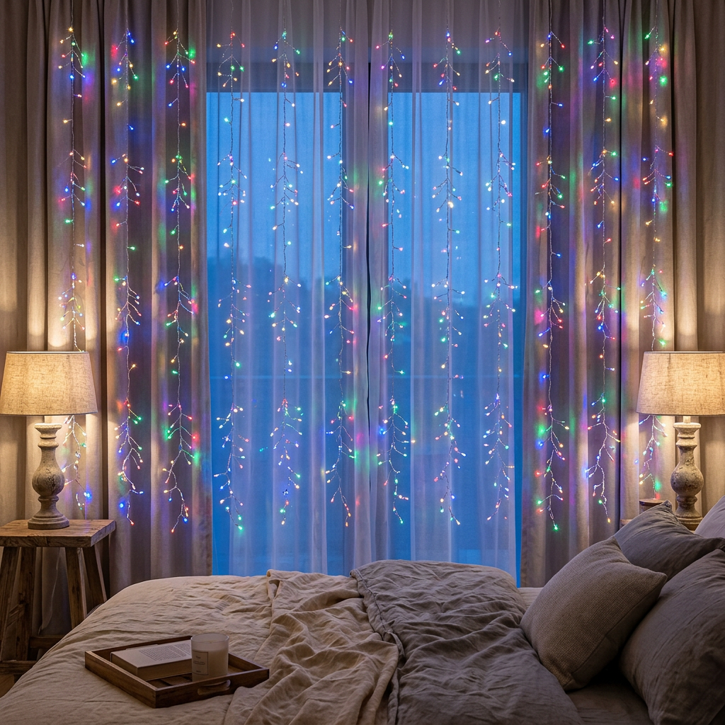 Multicolour LED curtain lights in a cosy bedroom