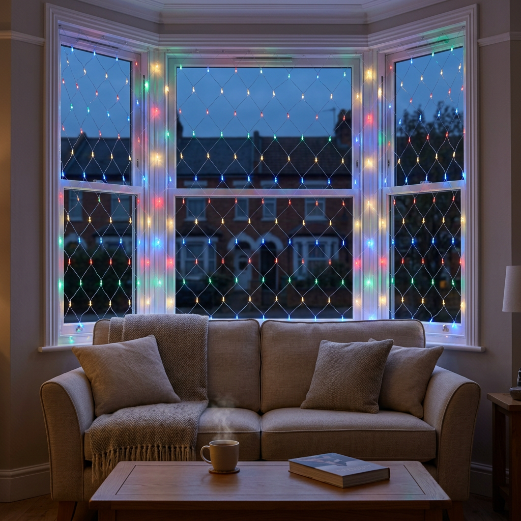 Multicolour LED net fairy lights in a festive lifestyle setting
