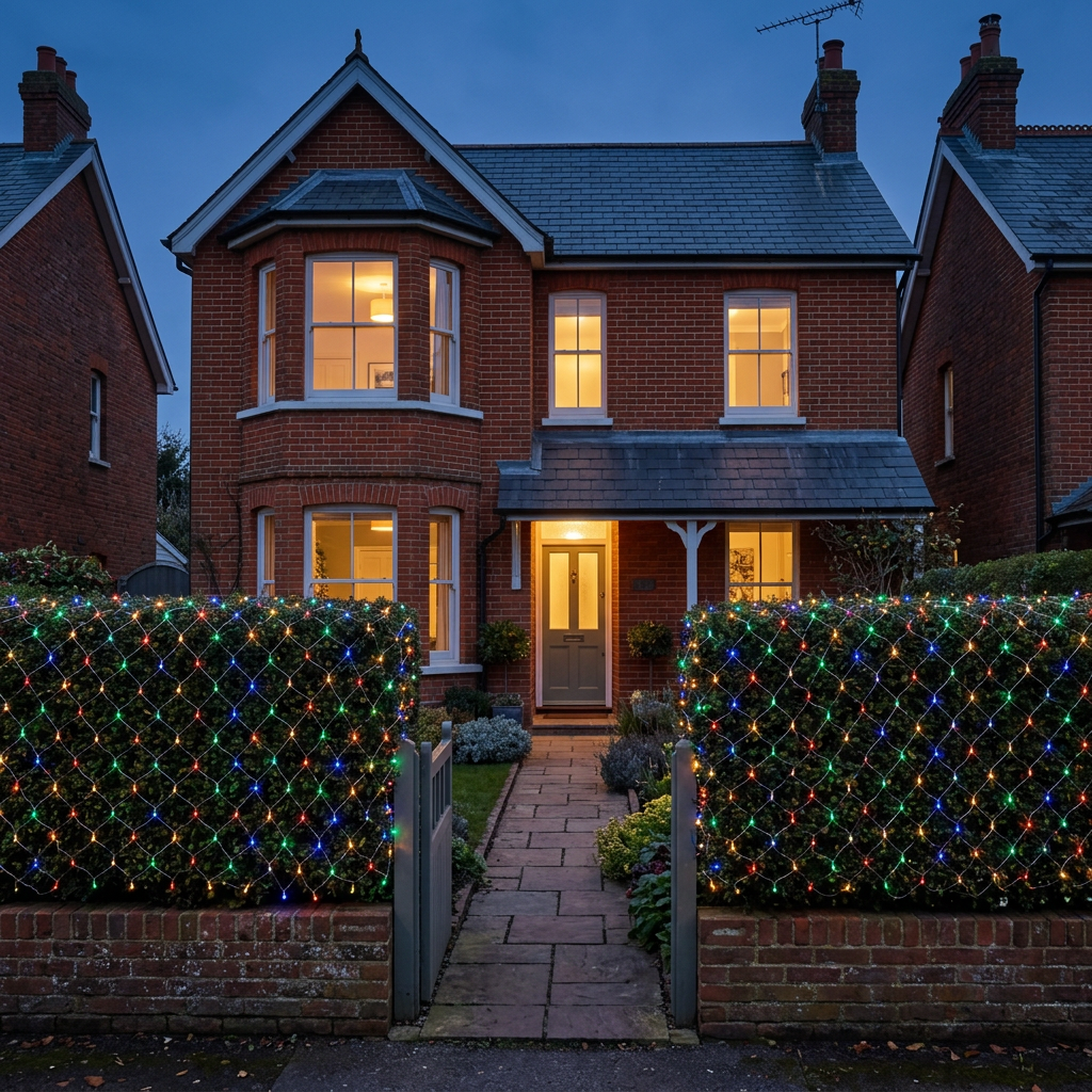 Multicolour LED net mesh fairy lights on a hedge outside a UK home