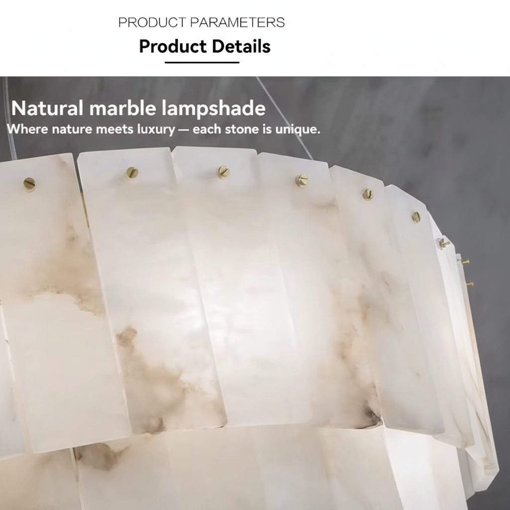 Close-up of the natural alabaster marble panels on the chandelier shade