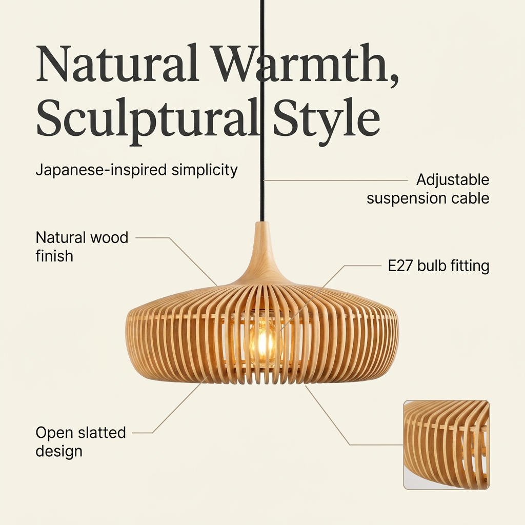 Natural wood pendant features: slatted design, E27 fitting, adjustable cable