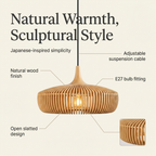 Natural wood pendant features: slatted design, E27 fitting, adjustable cable