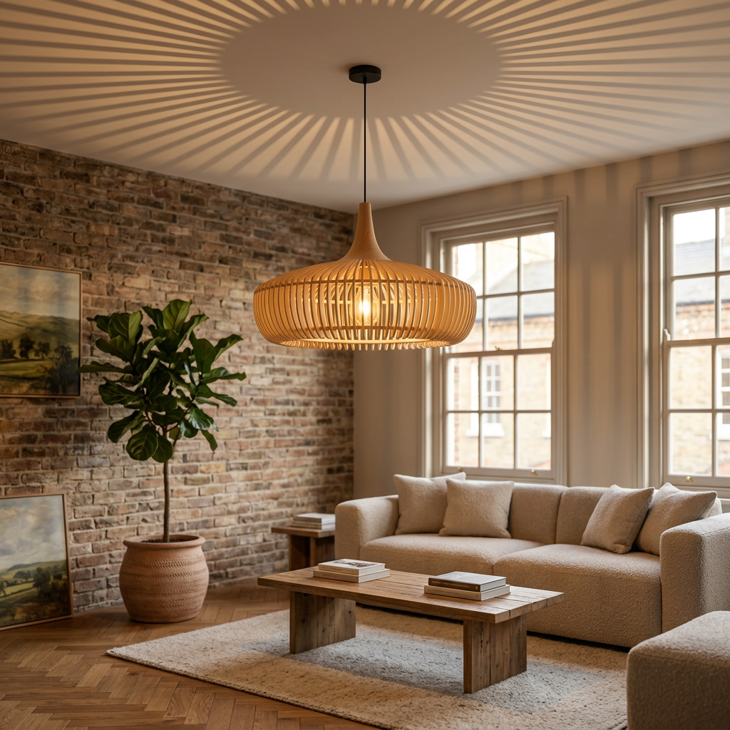 Natural wood slatted pendant light in a modern living room, front view