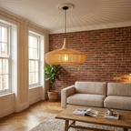 Natural wood slatted pendant light in a living room