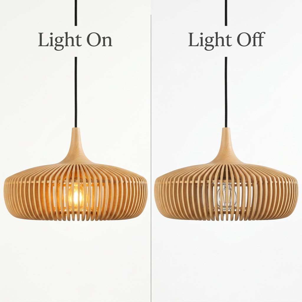 Natural wood slatted pendant light switched on and off