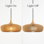 Natural wood slatted pendant light switched on and off