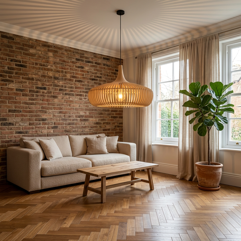 Natural wood pendant light with exposed brick and herringbone floor