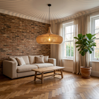 Natural wood pendant light with exposed brick and herringbone floor