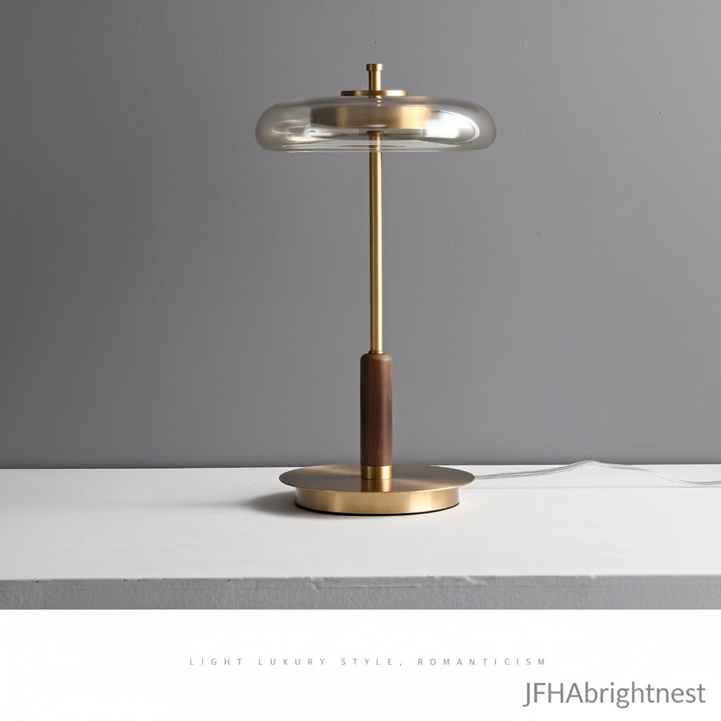 Nesta glass mushroom table lamp lit, amber glass shade on a brass stem with a walnut collar