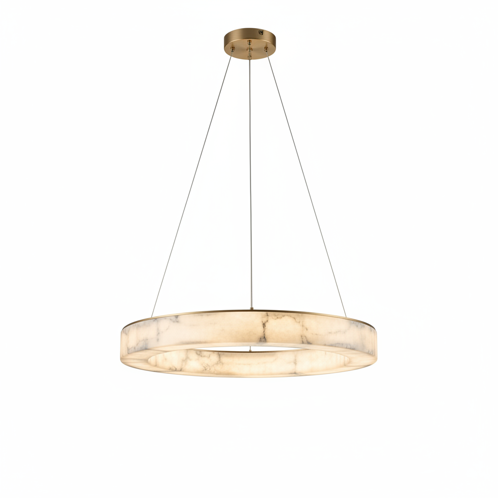 Nordic marble disc pendant light, 40cm, lit against a plain background