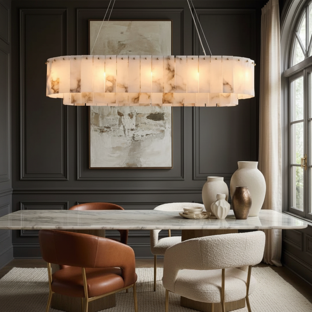 Oval alabaster marble and brass chandelier over a long dining table