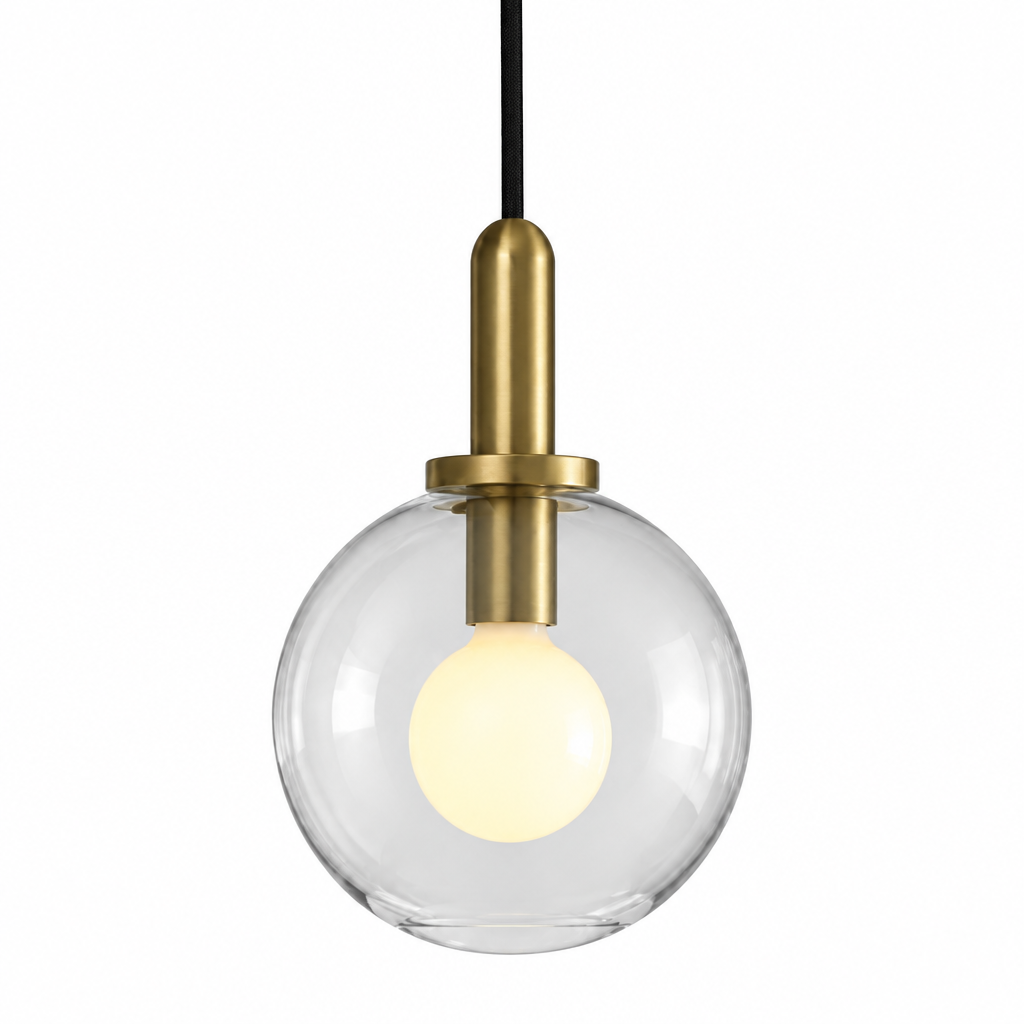 Clear glass globe pendant light, 20 cm, brass-finish fitting