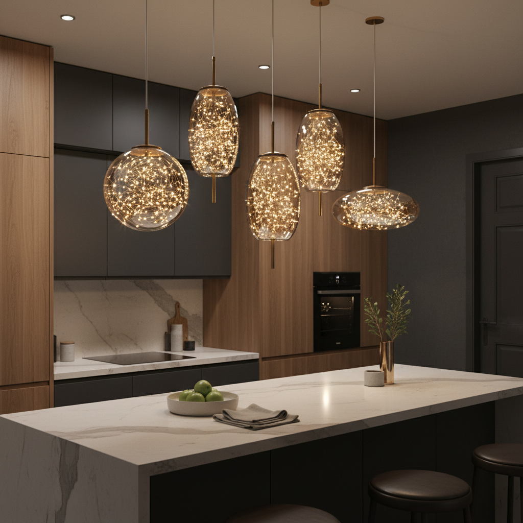 Mixed-shape glass pendant lights hung in a row over a marble kitchen island