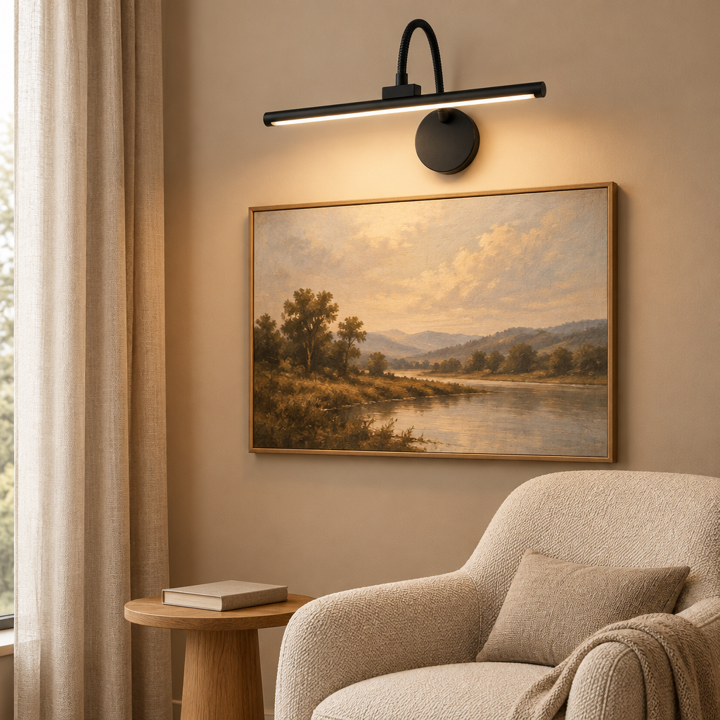 Rechargeable picture light above a landscape painting in a bedroom reading corner