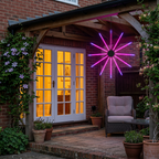 Pink and purple firework light on a garden patio for parties