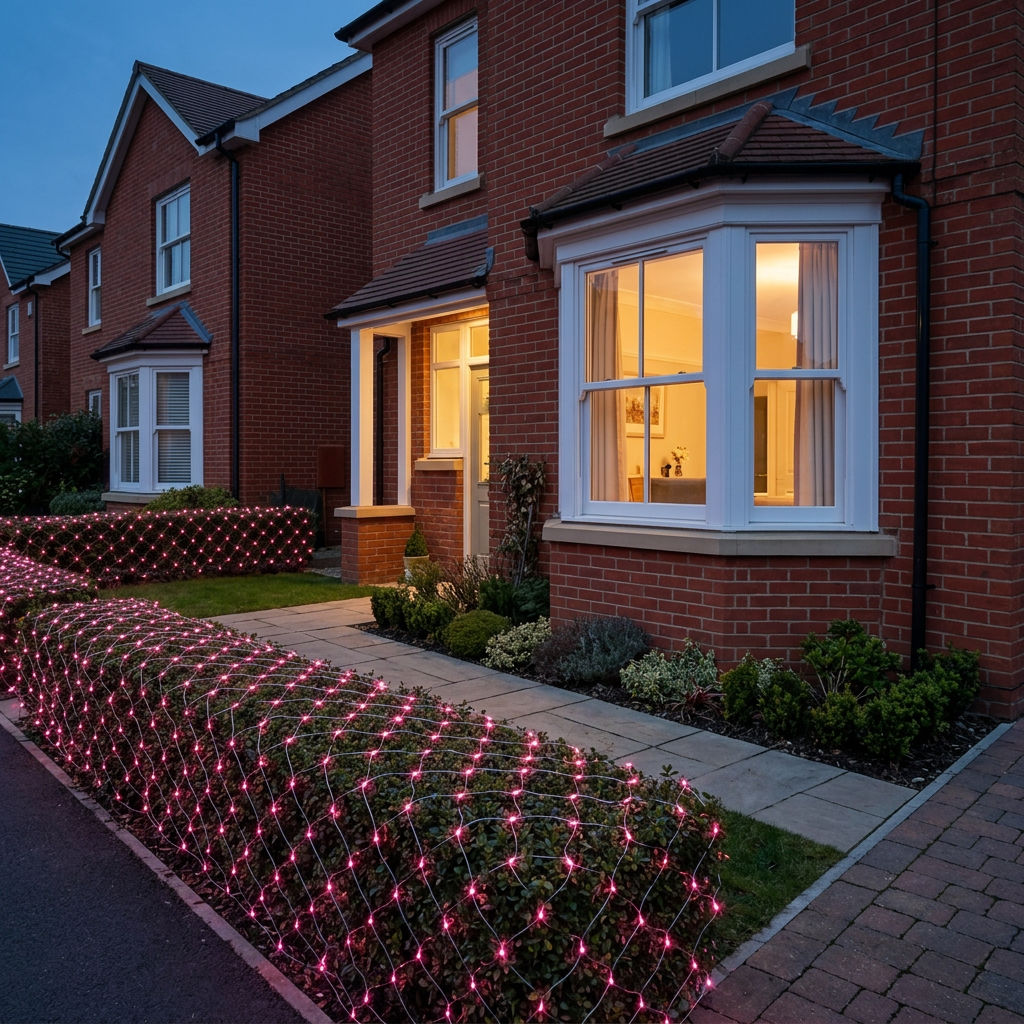 Pink LED net mesh fairy lights on a hedge outside a UK home