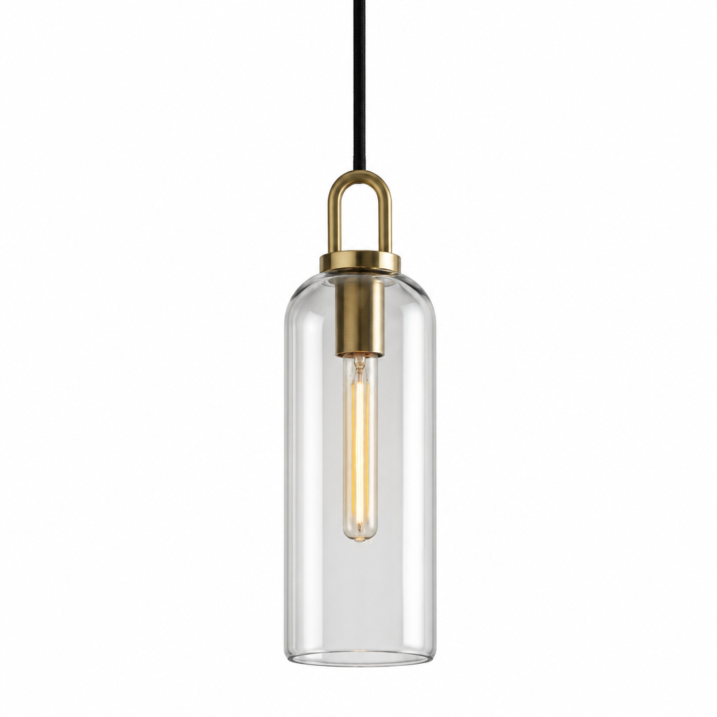 Clear glass tube pendant light, 13 cm, brass-finish fitting