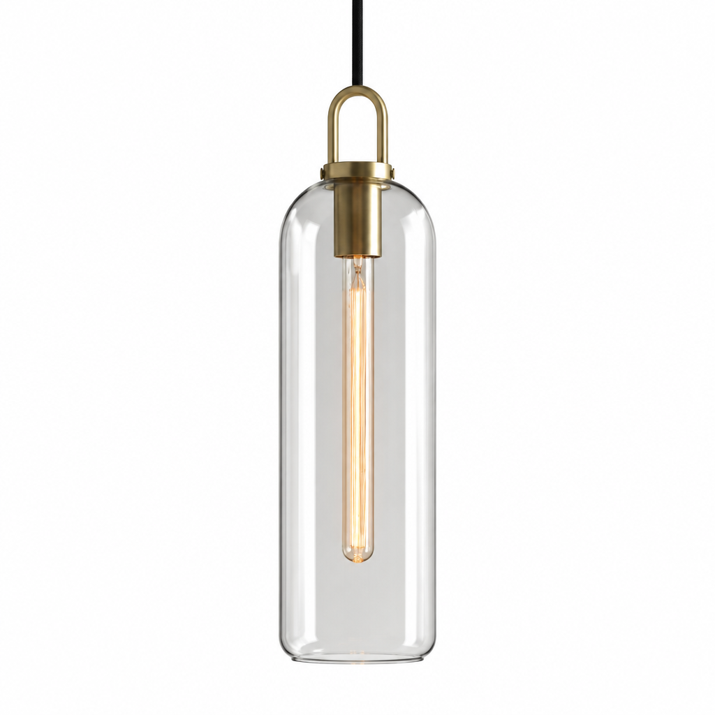Clear glass tube pendant light, 15 cm, brass-finish fitting