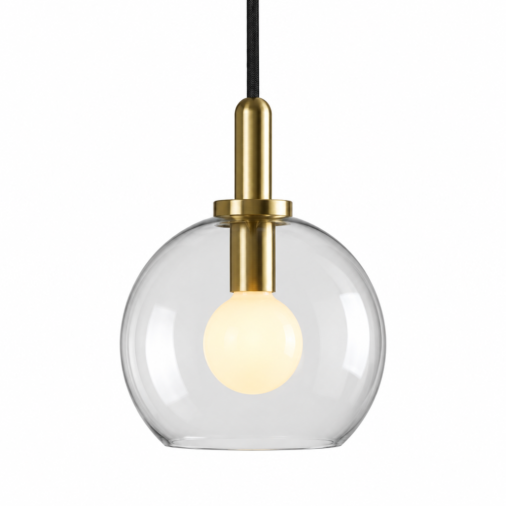 Clear glass globe pendant light, 25 cm, brass-finish fitting
