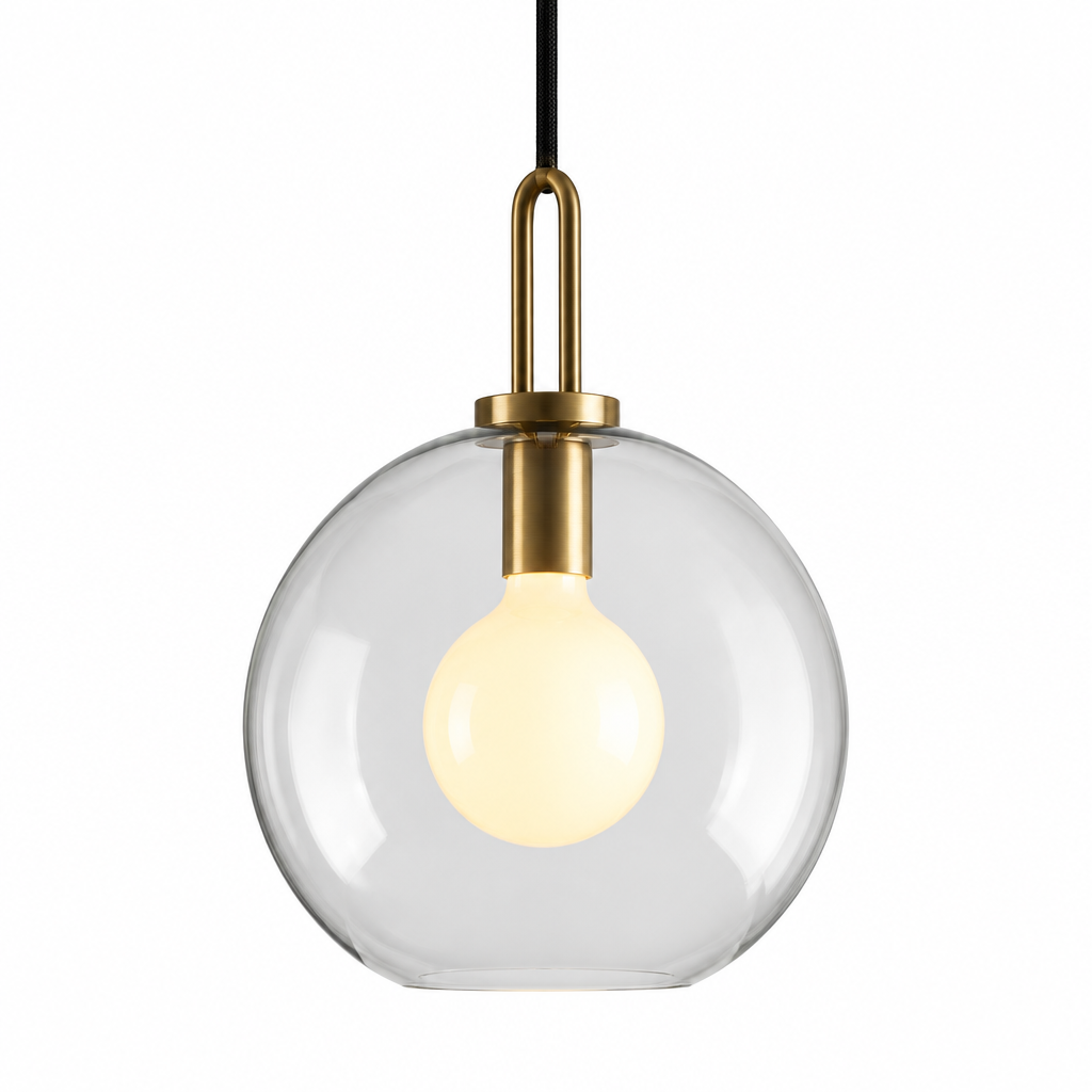 Clear glass globe pendant light, 30 cm, brass-finish fitting