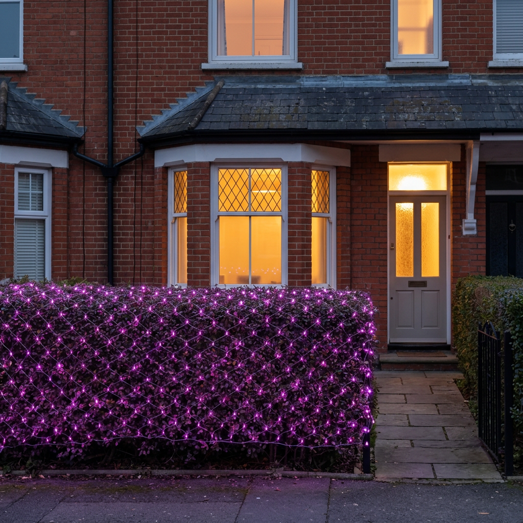 Purple LED net mesh fairy lights on a hedge outside a UK home