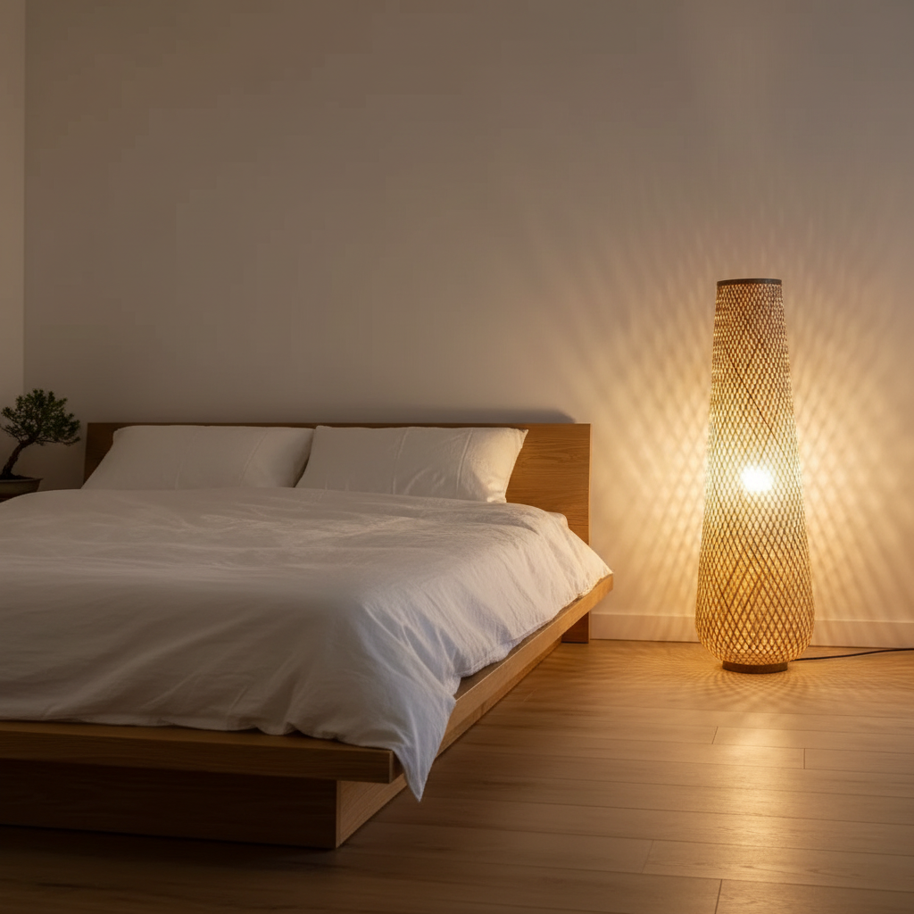 Raw bamboo floor lamp glowing beside a wooden bed in a softly lit bedroom