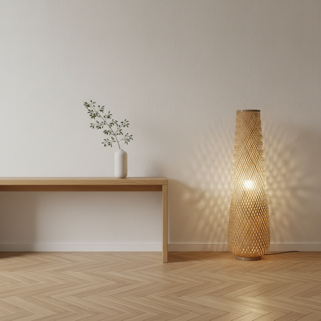 Raw bamboo floor lamp lit in a hallway beside a slim wooden console table, casting a dappled pattern on the wall