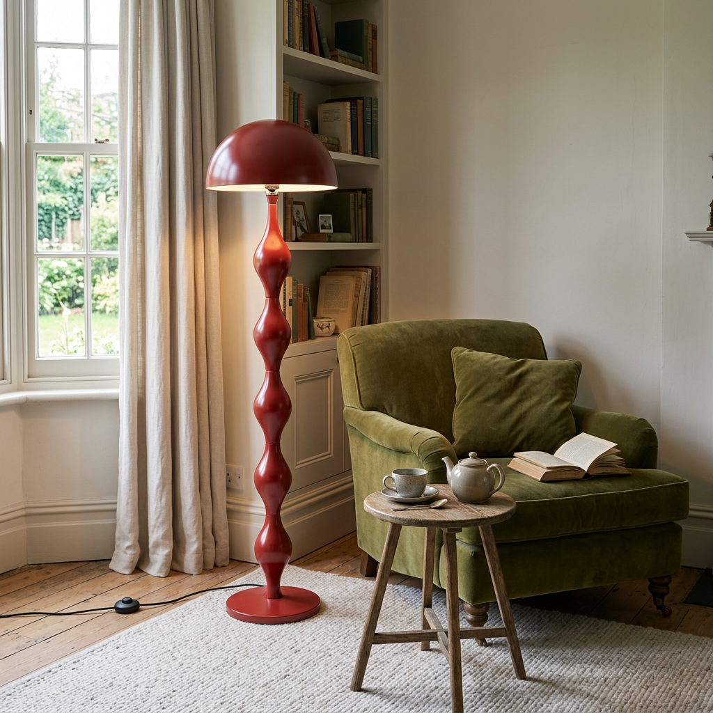 Red mushroom floor lamp in a British reading nook