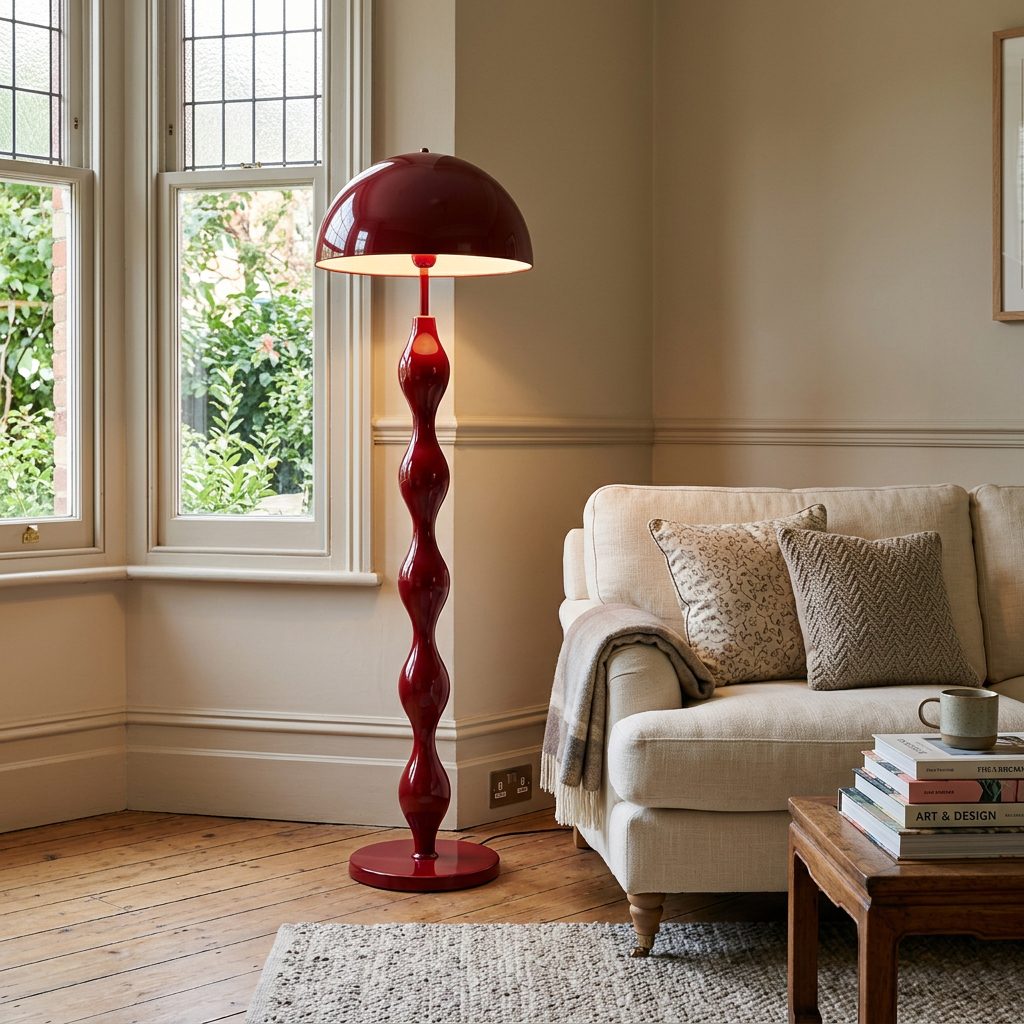 Red mushroom floor lamp in a British Victorian living room