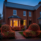 Red LED net mesh fairy lights on a hedge outside a UK home