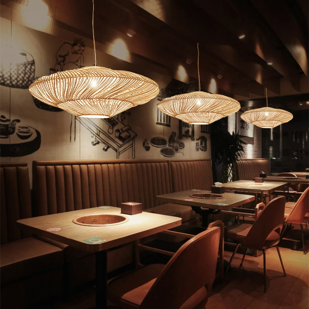 Restaurant scene with beige woven pendant lights